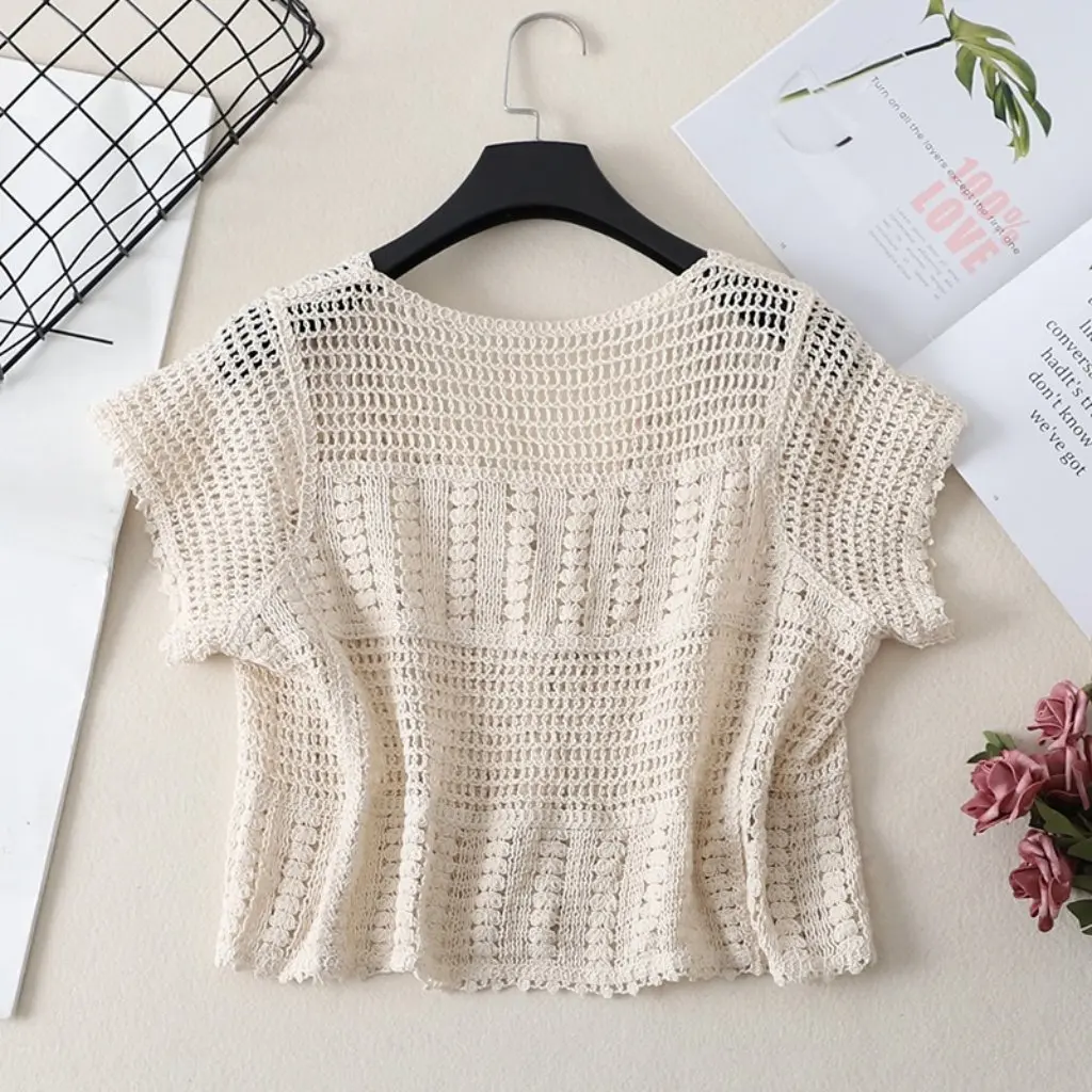 

Women's Small Outer Wear Skirt Spring Summer Knitted Hollow-Out Short Coat Thin Lace Sun Protection Shirt Short-Sleeved Sweater