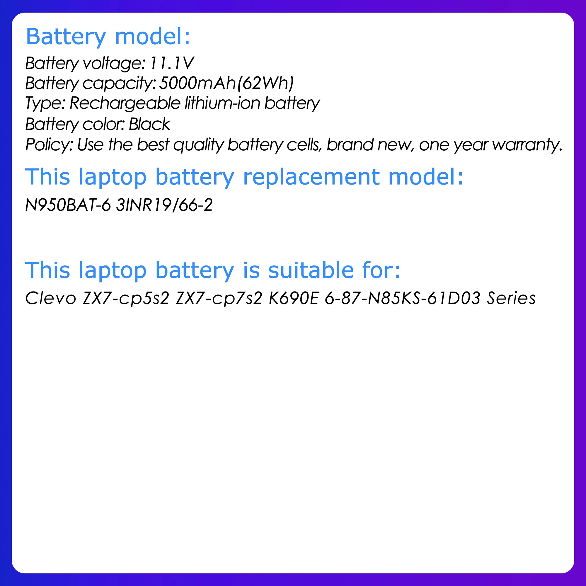 N950BAT-6 بطارية أصلية لسلسلة Clevo N950KP6 ZX7-CP5S2 ZX7-CP7S2 N957TD TX9 TX8 بطارية الكمبيوتر المحمول 5585mah/62wh