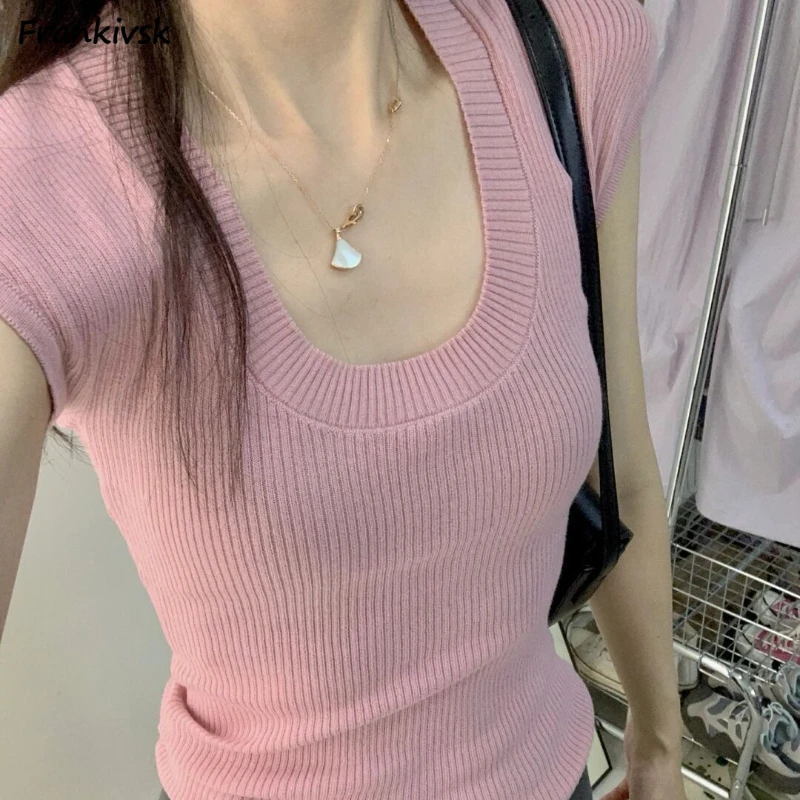 

Женские футболки, тонкие вязаные повседневные однотонные летние футболки с круглым вырезом, Новое поступление, хипстерский корейский стиль, универсальные Y2k, винтажные с напуском