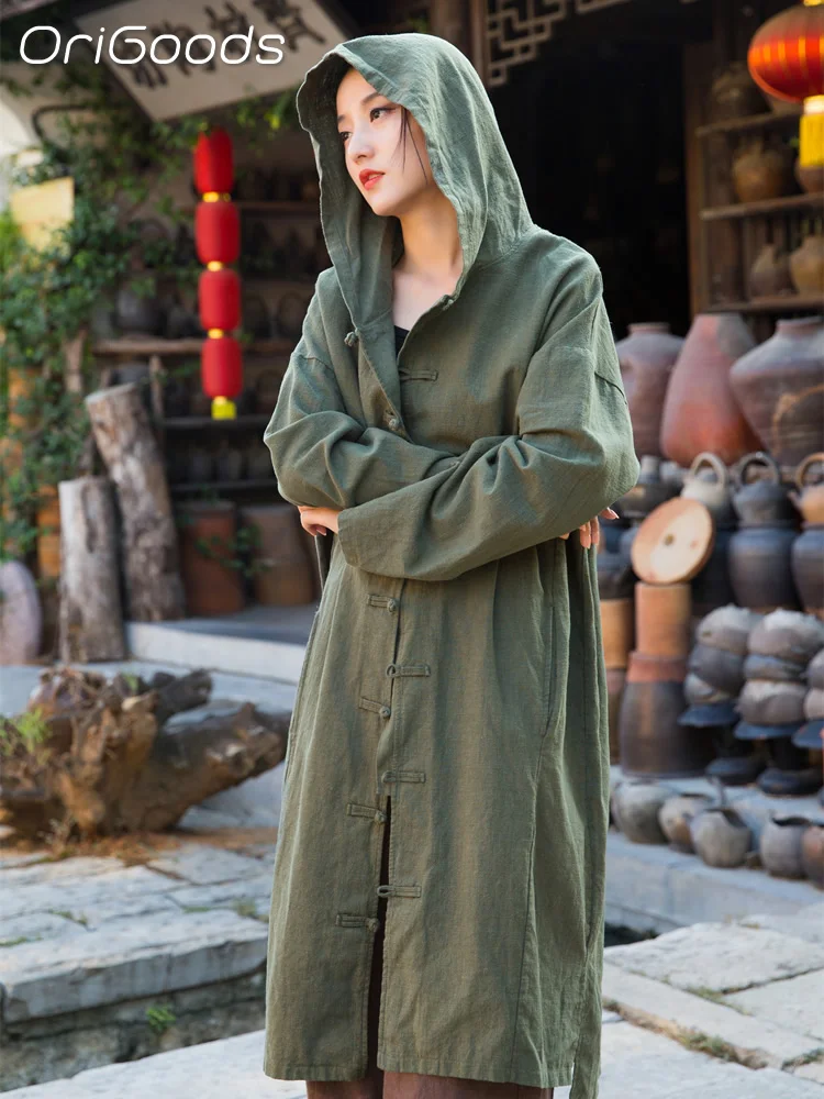 OriGoods Women Hooded Long Coat Ramie Cotton Thick Spring Autumn Coat Chinese Style Loose Robe Witch Wizard Trench Coats B029