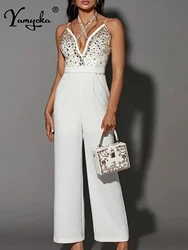 Sexy white rhinestone jumpsuit women summer pants elegant one pieces bodycon jumpsuits birthday club outfits bodysuits overalls