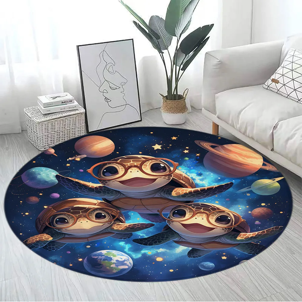 

Funny Cartoon Sea Turtle Round Carpet Cute Ocean Animals Cosmic Planet Home Living Room Sofa Decor Kids Bedroom Rugs Floor Mats