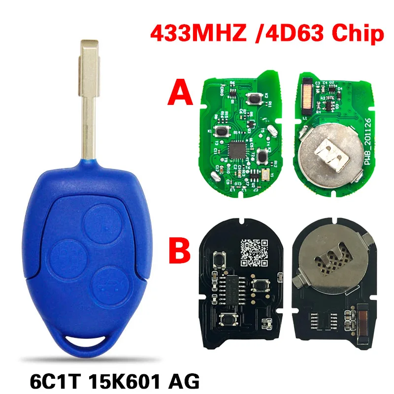 

DIYKEY P/N: 6C1T15K601AG 3 Button 433Mhz 4D63 Chip Remote Car Key For Ford Transit WM VM 2006-2014 FO21 Blad