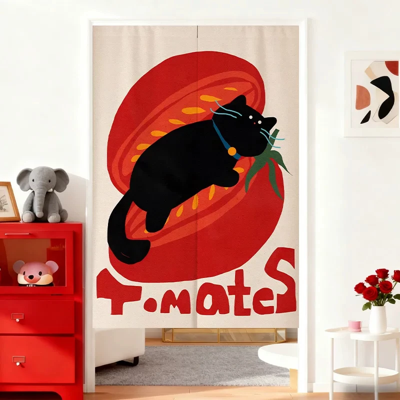 VIKAMA Noren-Vorhang mit Tomaten-Katzen-Muster, Raumteiler für Kinderzimmer, halber Vorhang für Wohnzimmer und Küche, Sichtschutz, Heimdekoration