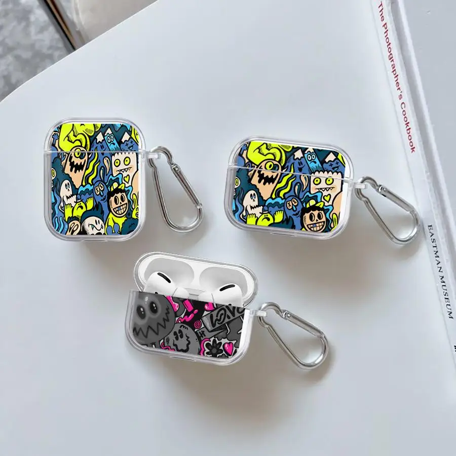

Case For Airpods 1 3 4 Pro 2 Pro3 Pro2 Clear Earphone Cases Cover Cartoon Graffiti Monster