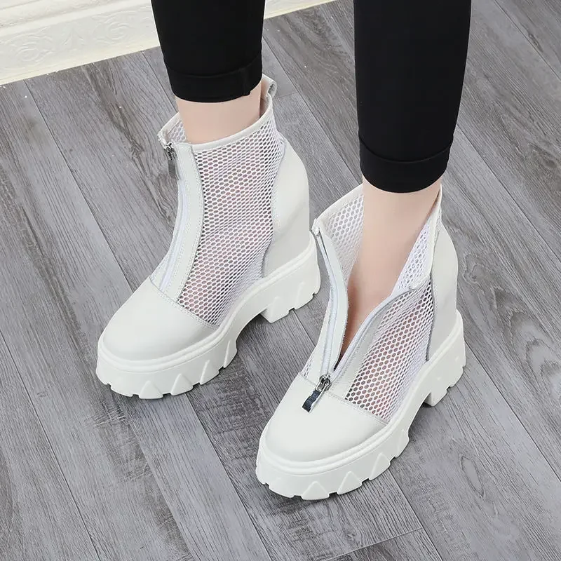 

Krasovki 12cm Air Mesh Hollow Cow Genuine Leather Chunky Sneakers Wedge Platform Casual Summer Sandals Breathable Sneakers Shoes
