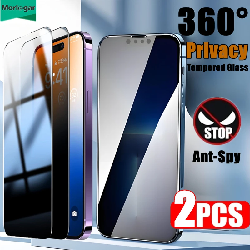 2PCS 360° Protecting Privacy Tempered Glass Anti-Spy Screen Protectors for iPhone 15 14 13 12 11 Pro Max Plus X XR XS Max Glass