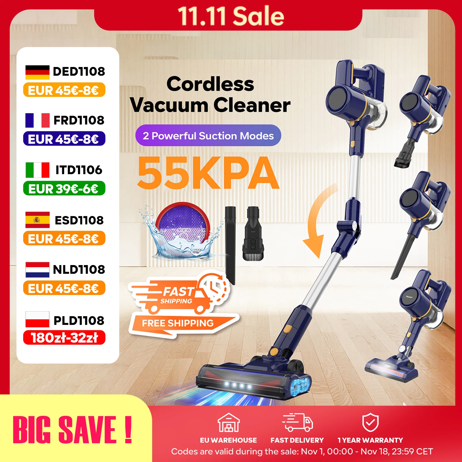 55KPa Draadloze Stofzuiger Krachtig 40min Looptijd 8*2200mAh Opvouwbare Buis LED Vloerreiniger voor Tapijt Huisdieren