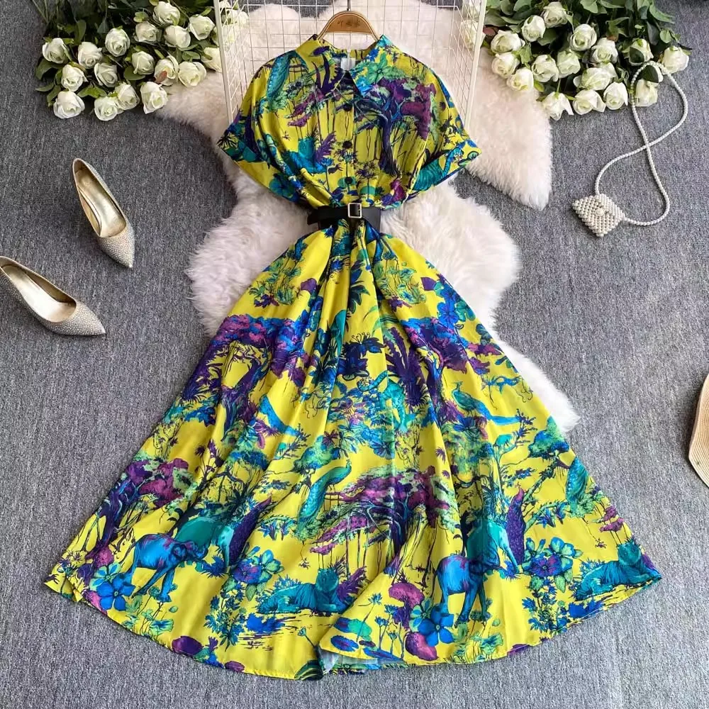 

Runway Gorgeous Flower Print Holiday Robe Dress Autumn Clothing Women's Shirt Collar Short Sleeve Vintage Belt Maxi Vestidos