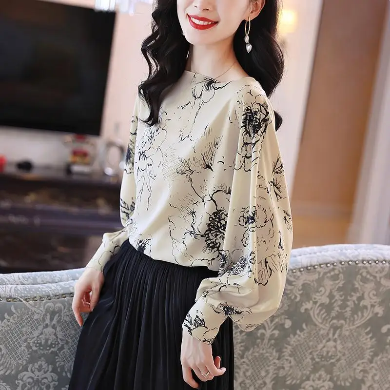 French Style Vintage Fashion Spring Women\'s O-Neck Printing Button Temperament Office Lady Long Sleeve Loose Chiffon Shirt Tops