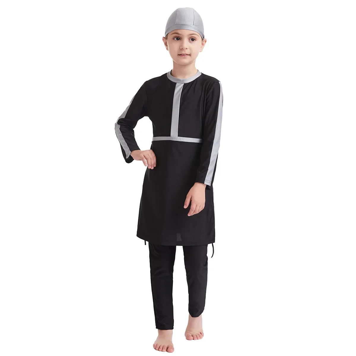 Costumi da bagno musulmani per ragazze Bambini islamici Tre pezzi a maniche lunghe Solido Copertura completa Conservatore Hijab Burkini Costume da bagno con pantaloni