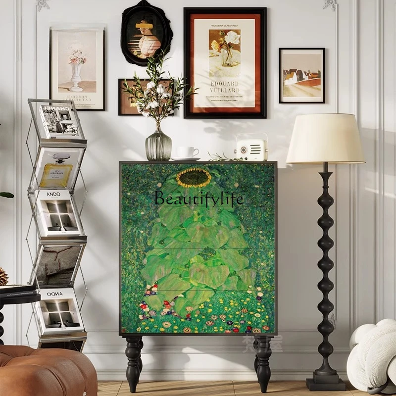 

European solid wood chest of drawers sunflower art painting storage high-end decorative cabinet