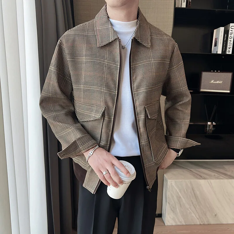 

High End Checkered Men's Jackets 2025 Spring Loose Lapel Bomber Jacket Fashion Casual Business Social Short Windbreaker Coats
