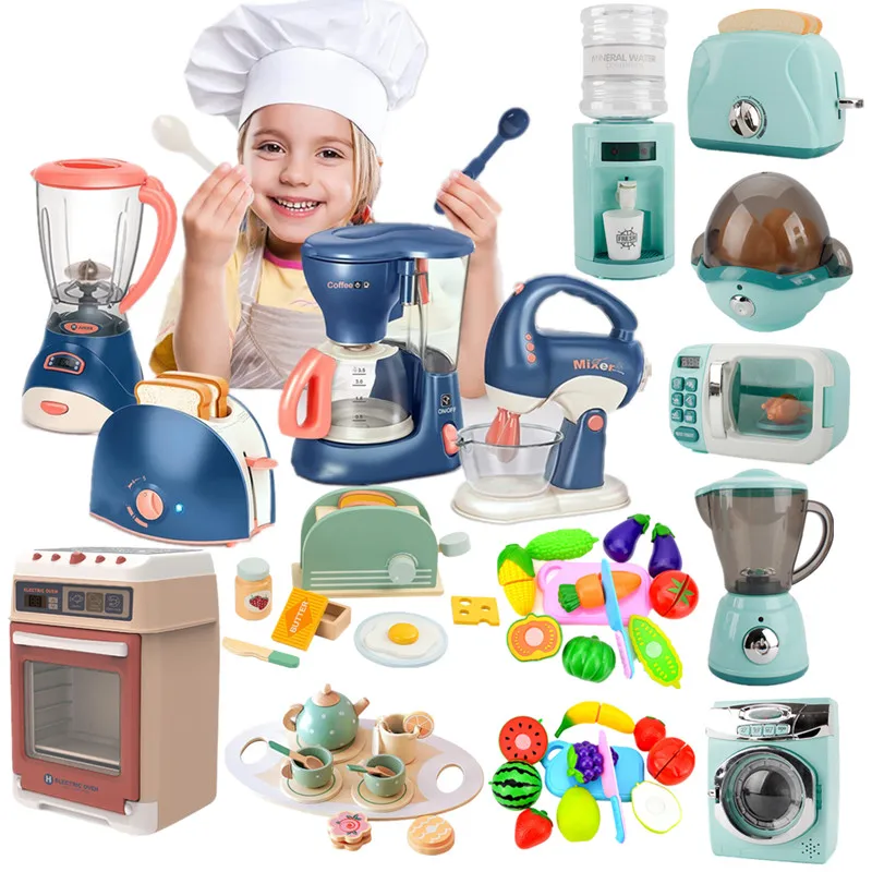 Kids Pretend Play Toy Kitchen Home Appliances Playset Juicer Mixer Vacuum Toaster Set Household Educational Toys for Child Gifts