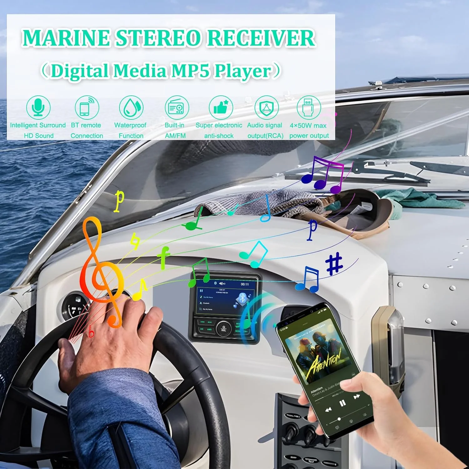 البحرية راديو قارب ستيريو بلوتوث FM AM الوسائط الرقمية مشغل الصوت 4.1 "العرض الرقمي لليخوت ATV UTV عربة جولف دراجة نارية