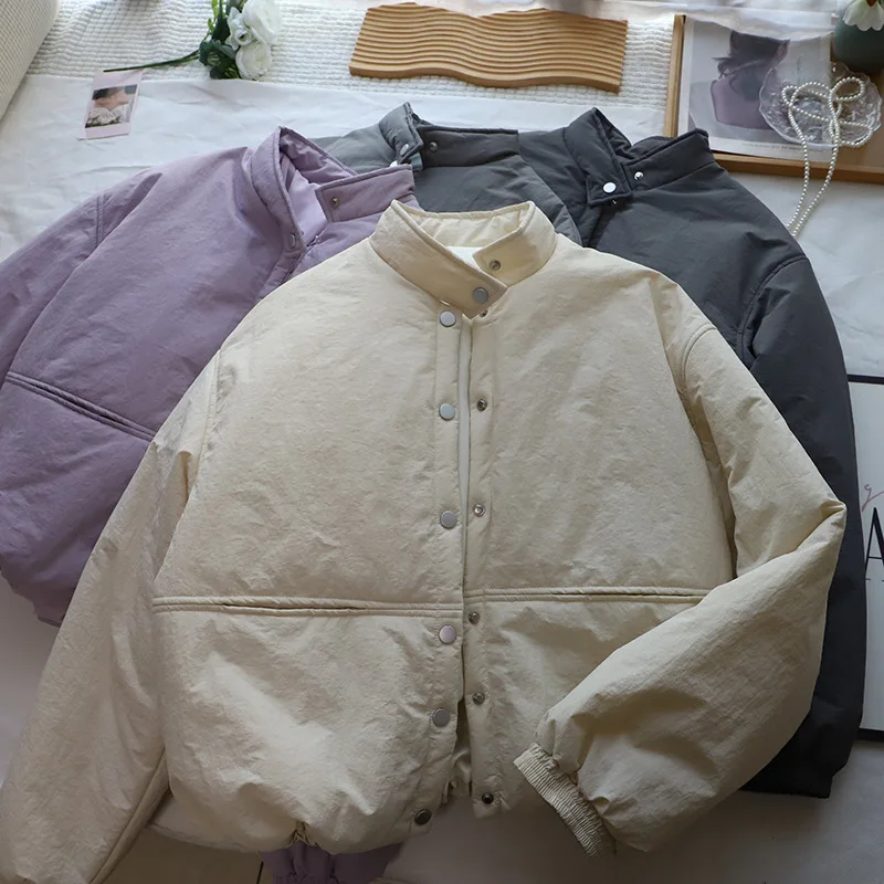 

Женское легкое хлопковое пальто с воротником-стойкой, теплая верхняя одежда, дизайн на одной пуговице, универсальное зимнее пальто для маленьких фигурок
