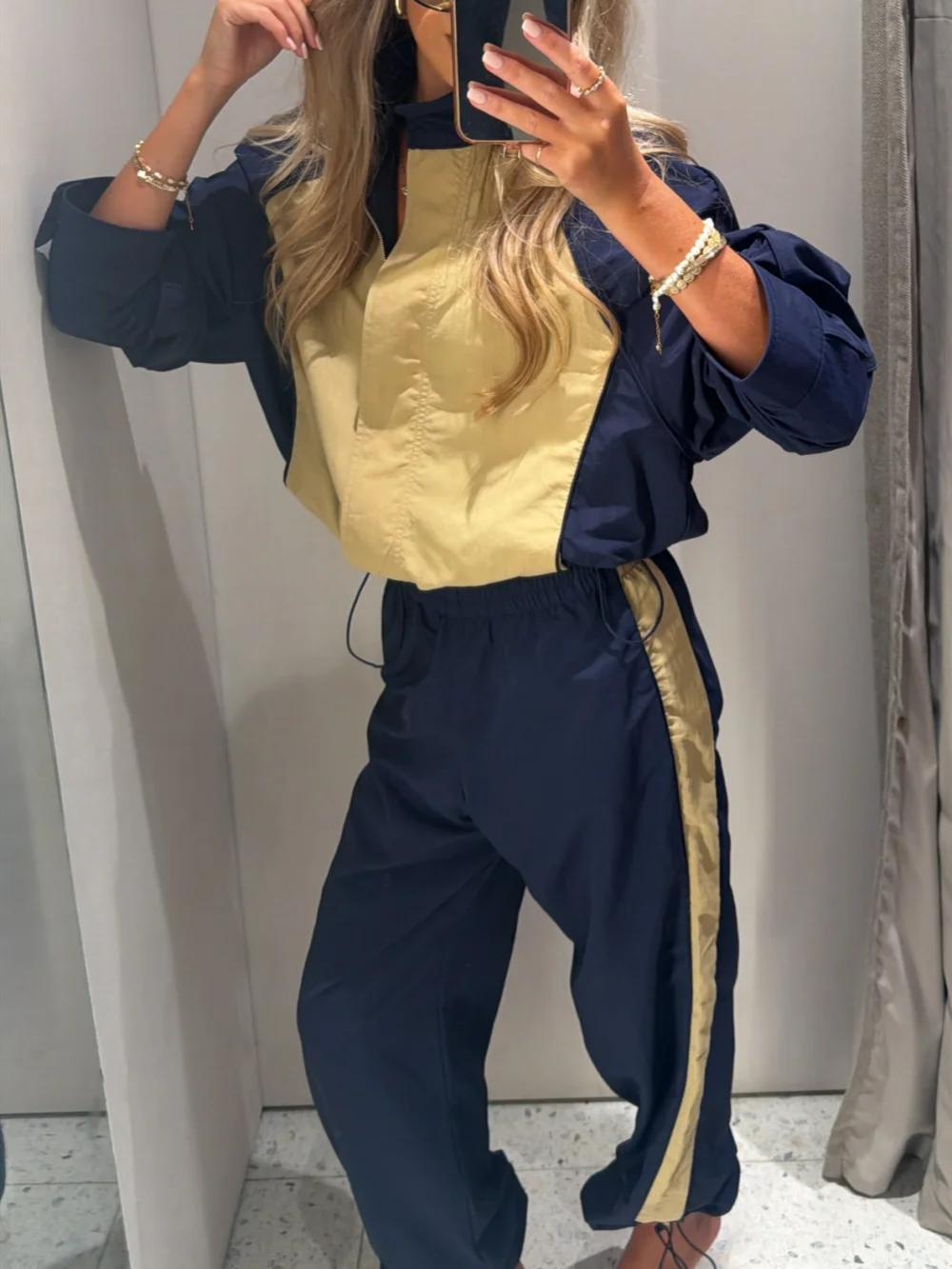 Womens Vintage Color Block Two Piece Set Long Sleeve Raglan Jacket Straight Trousers Suit Casual Sportswear Streetwear Outfits