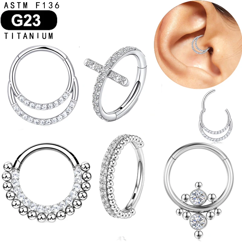 G23 Titanium Clicker Segment Hoop Nose Rings Zircon Moon Shaped  Nostril Septum Piercing Ear Tragus Cartilage Helix Lip Earring