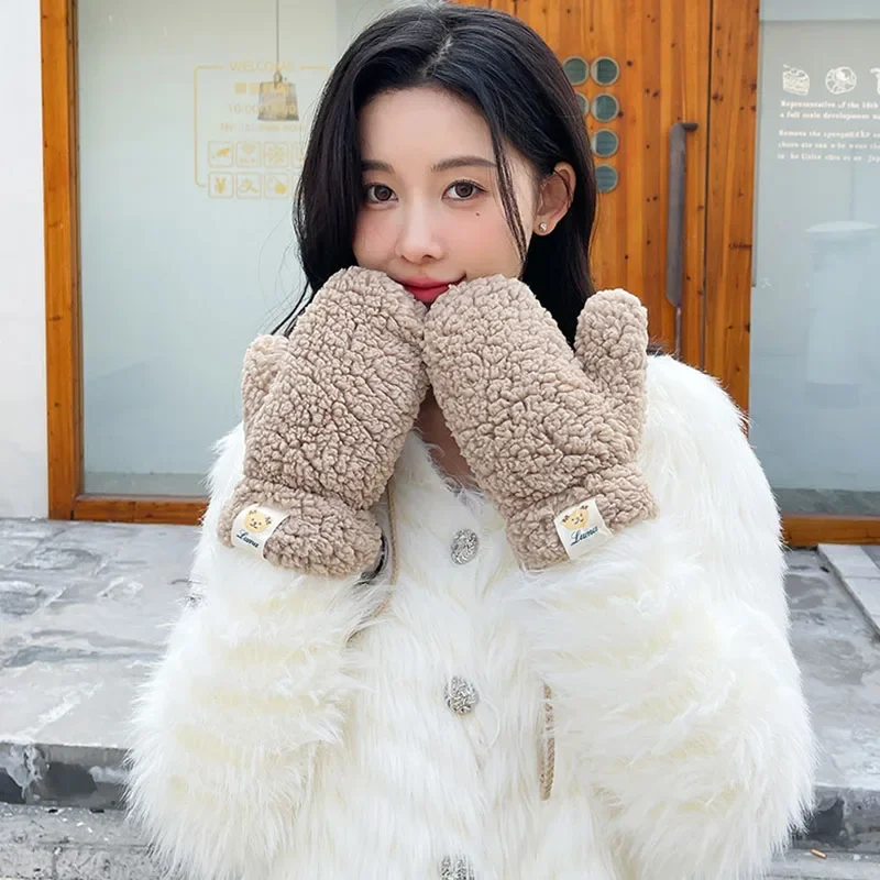 Kawaii Plush Warm Gloves Soft Winter Thick Fingerless Korean Japanese Bear Gloves With Ropes Casual Outdoor Riding Mittens Warm