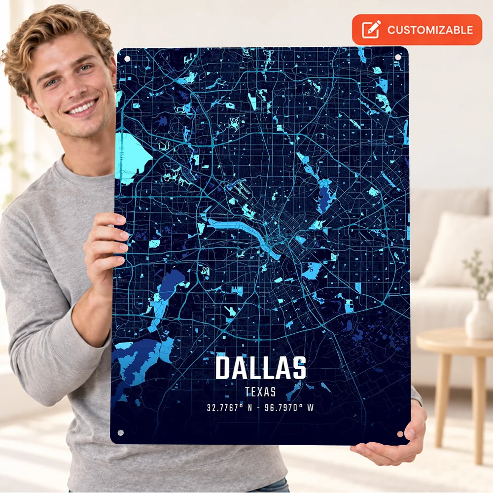 Dallas Midnight City Map Textured Metal Poster Retro Bold Design Bedroom Wall Art Personalized Aluminum Sign Housewarming Gift