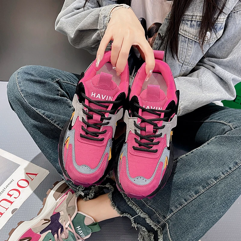 Women Colored Chunky Sneakers Vulcanized Shoes Female Platform Sneakers Lace Up Thick Soles Non-slip Casual Sports Shoes 2024