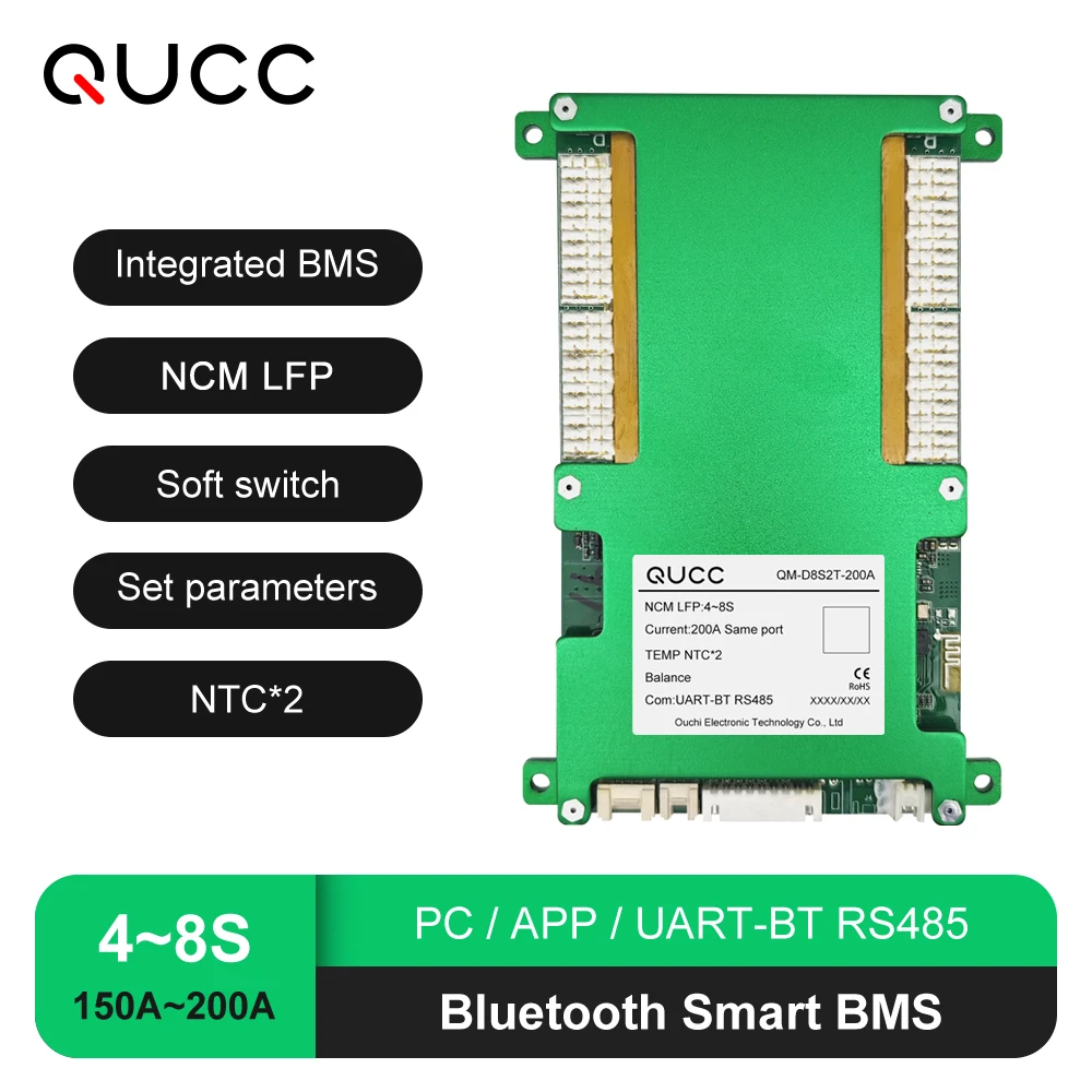 QUCC 4S 12V 8S 24V LFP NCM Smart BMS Batteries 150A 200A LiFePo4 Li-ion Battery Management System