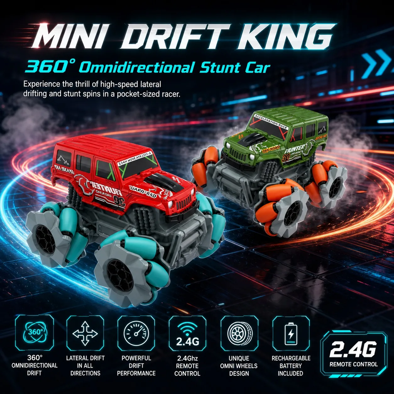 RC Stunt Car 2.4GHz Mecanum Wheel Omnidirectional 360° Rotation LED Light Pocket Off-Road Truck Remote Control Toy for Kids
