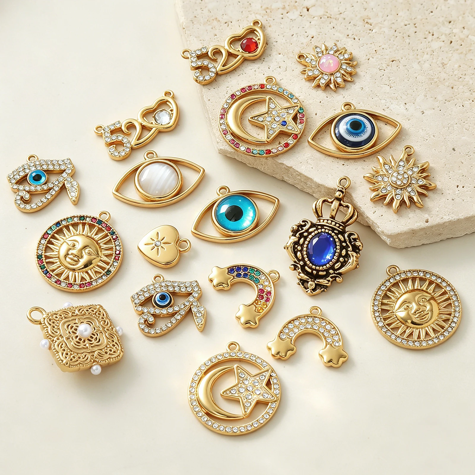 MHS.SUN 5pcs Stainless Steel Evil Eye Pendant for DIY Making Necklaces Cubic Zirconia Sun/Moon/Star/Heart Charms Jewelry