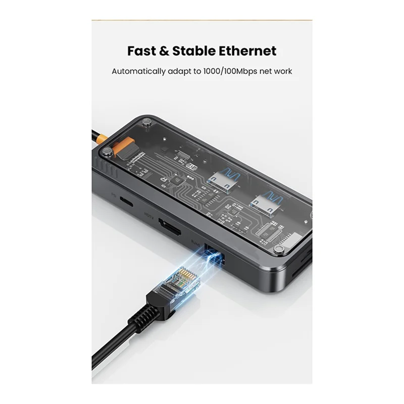 USB C Hub 8 في 1 Type-C 3.1 إلى 4K محول 5GB RJ45 SD/TF قارئ بطاقات محور السماء الداكنة رمادي وشفاف USB 3.0 100W PD لأجهزة الكمبيوتر المحمولة