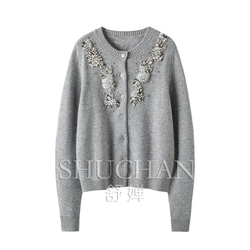 

ALL season sweater women 100% cashmere new Beading cropped cardigan sweaters knitted cardigan