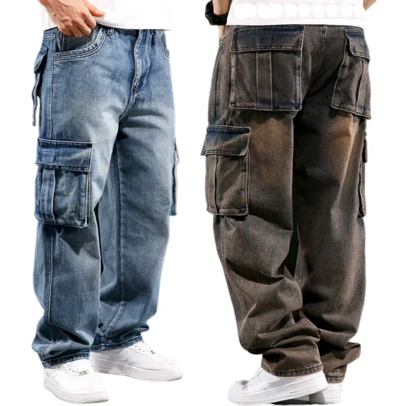 Jeans Pakaian Kerja Multi Saku Gaya Amerika, Celana Kaki Lebar Pria yang Dicuci, Jeans Kebesaran Longgar