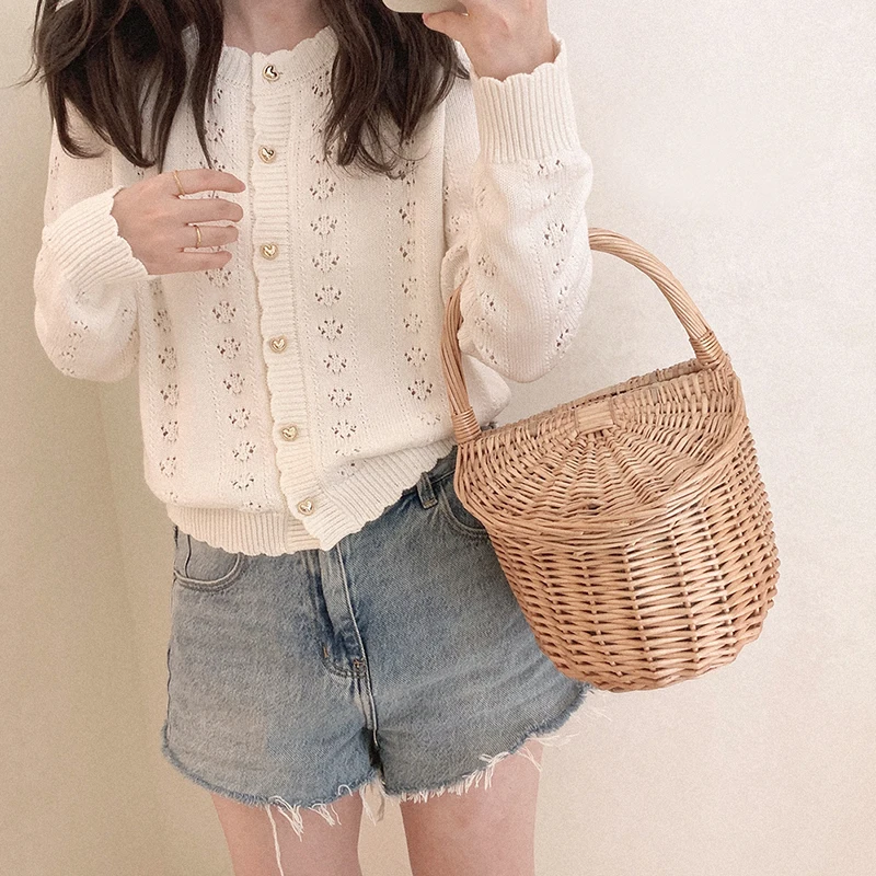 Cute Knitted Cardigans Women Autumn 2024 Hollow Out Love Shape Button Long Sleeve Loose Sweaters for Sweet Girls Kawaii Clothes