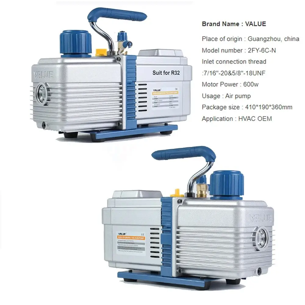 

Value Vacuum Pump 2FY-6C-N Suitable for R32 1234yf Refrigerant 2 Stage 12CFM 340L/min 1HP 220V/50Hz