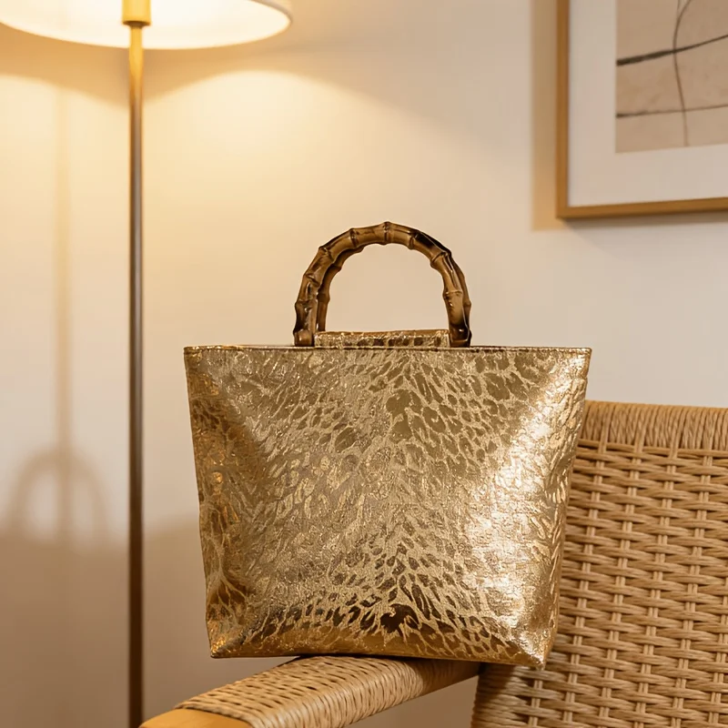 Light Luxury Metallic Gold Jacquard Leaf Tote Bag for Women, Imitation Bamboo Handle Large Capacity Handbag