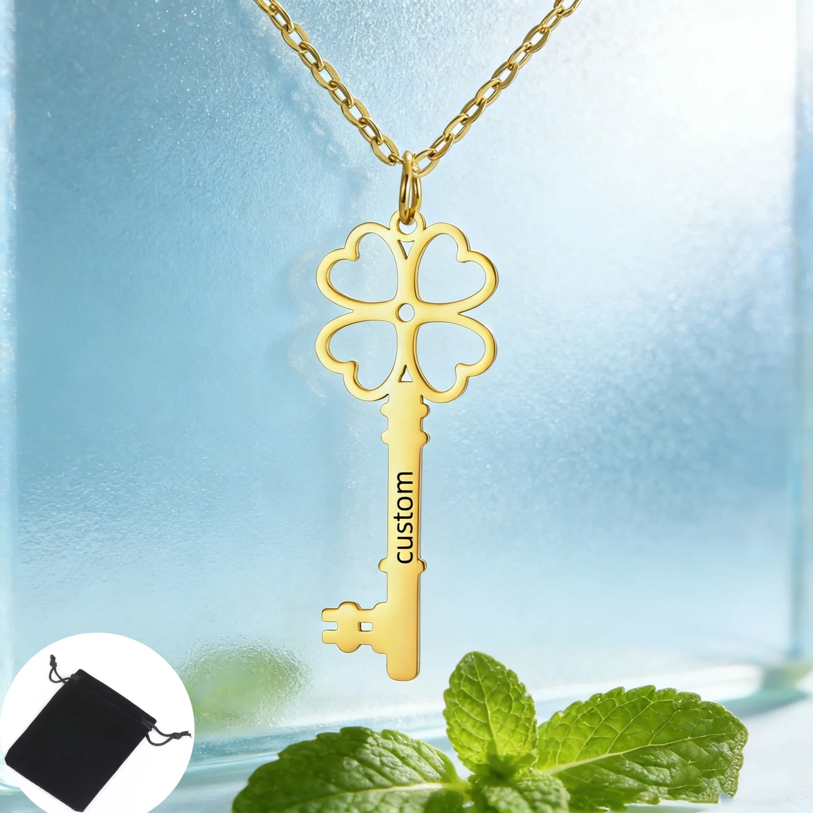 Customized Name Date Clover Key Shape Necklace Stainless Steel Personalized Lucky Heart Clover Love Neck Chain Romantic Gift