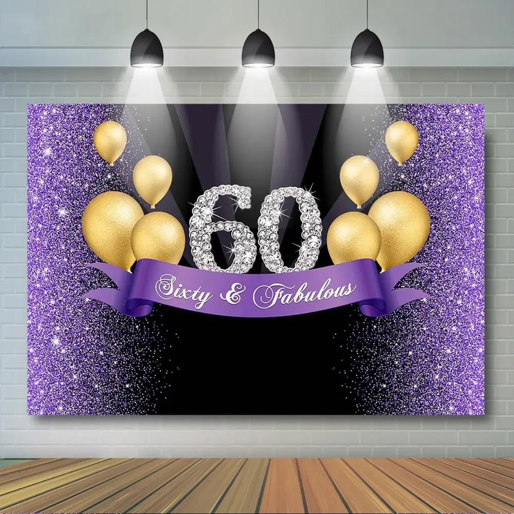 Sixty Birthday Backdrop for Women Purple and Black Background Gold Balloon 60th Birthday Decoration