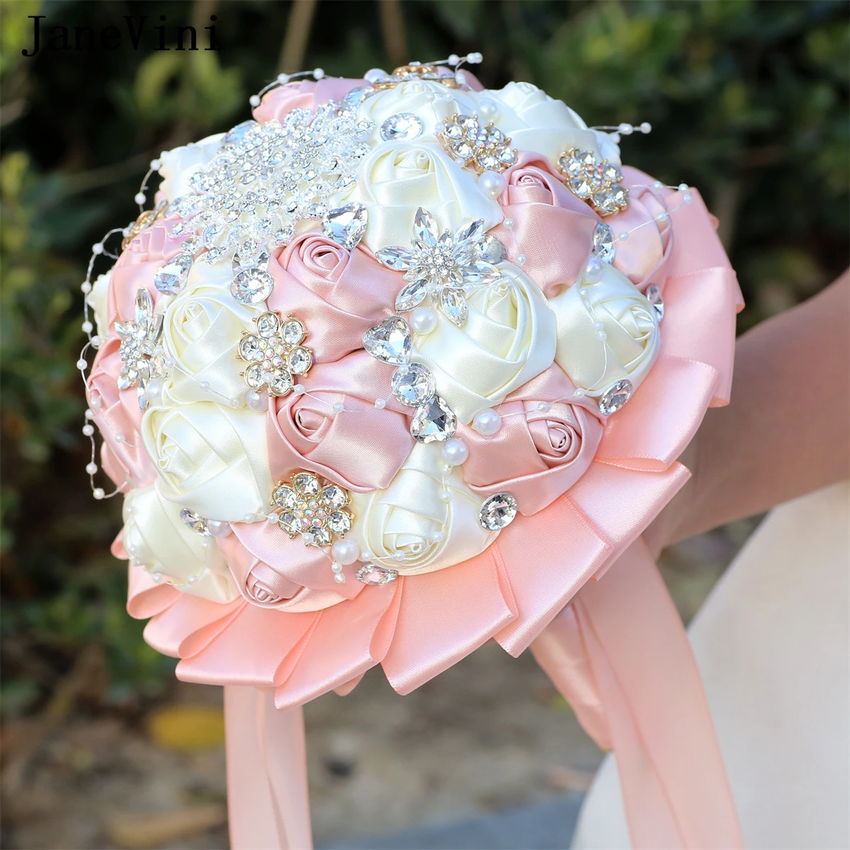 JaneVini Luxury Rhinestone Beaded Wedding Bouquets Light Pink Rose Blue and White Pearl Bridal Hand Flowers Ramo Flores Novia