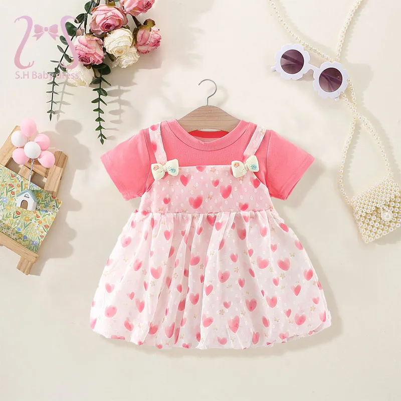 Entzückendes Baby-Sommerkleid mit kurzen Ärmeln, süßes Herz, rosa, lila, Kinderkleidung, 0–4 Jahre alt, Neugeborene, niedliche Schleife, Kinder-Outfit