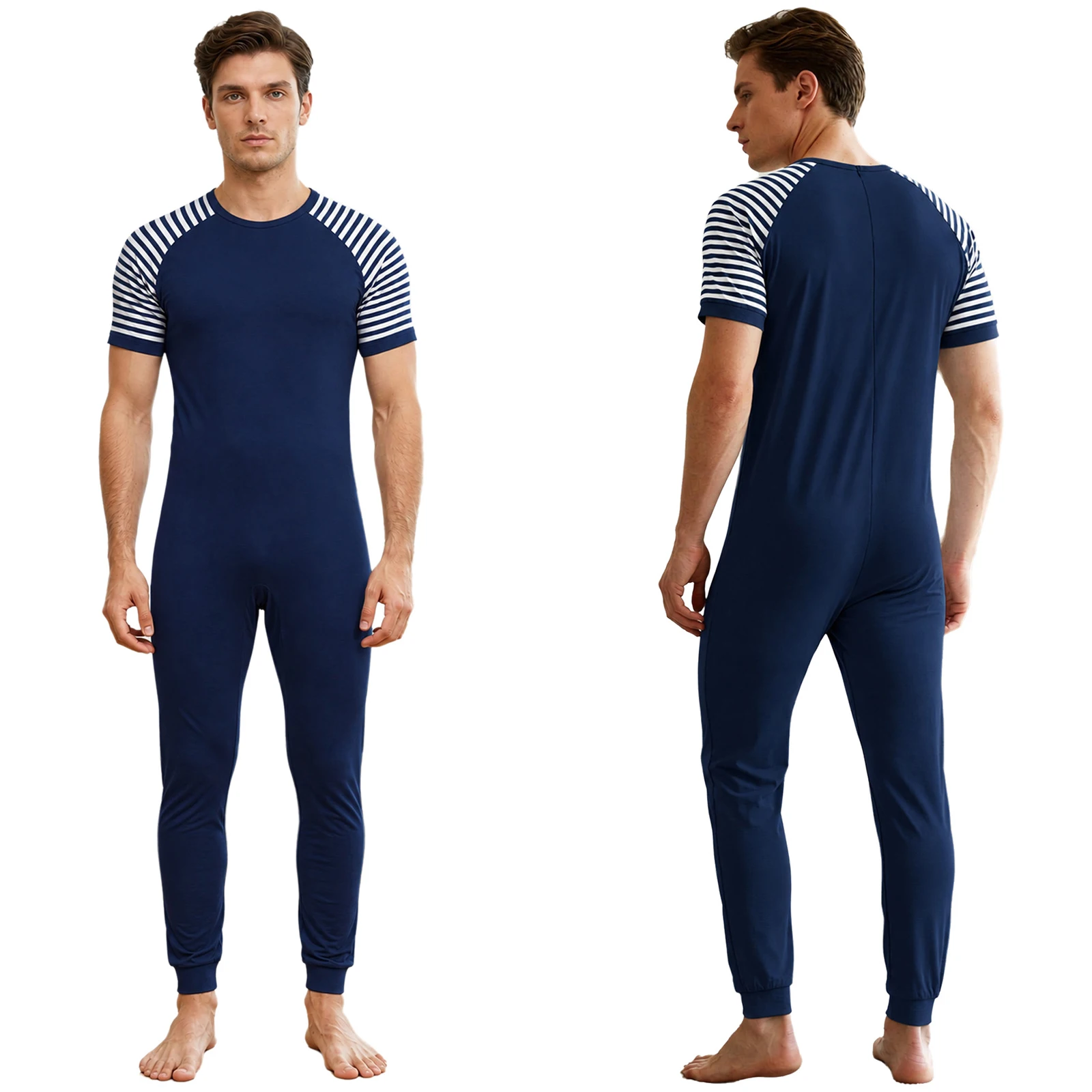 Men Special Needs Adaptive Pajamas Jumpsuit Short Sleeve ASD Adult Anti-strip Back Zipper Bodysuit Nightwear Homewear Loungewear