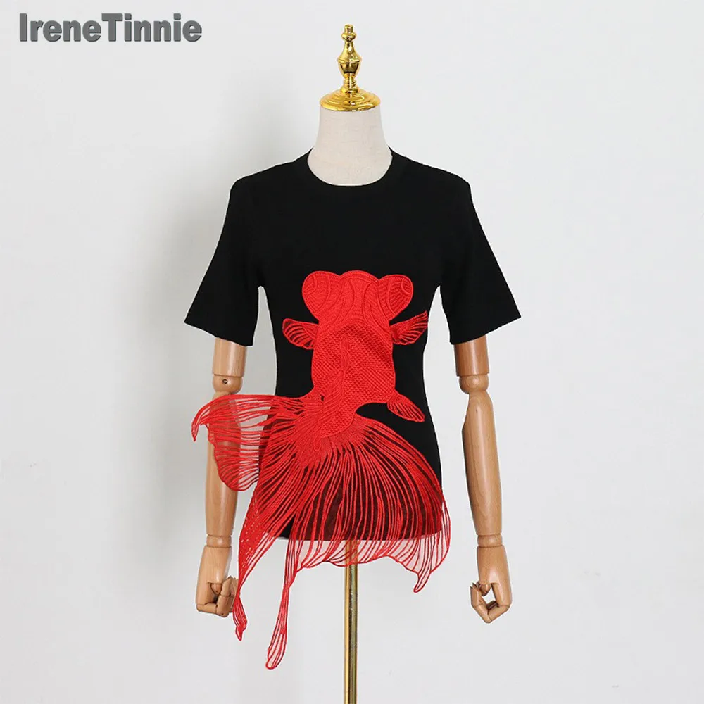 

IRENE TINNIE Casual Hit Color Patchwork Embroidery T Shirts For Women Round Neck Short Sleeve Minimalist Slimming T Shirt Femlae