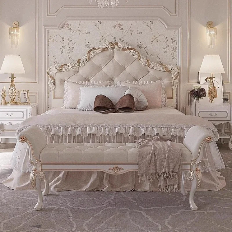 

Princess White European Double Bed Design Minimalist Japanese Pliable Double Bed Frame Wooden Children Cama Postmodern Furniture