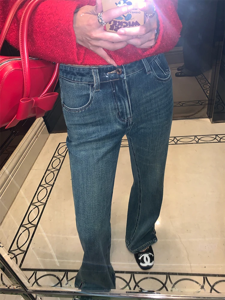

Джинсы-клеш с высокой талией для женщин, модные, весна 2024, с разрезами, удлиняющие, повседневные, однотонные, длинные брюки