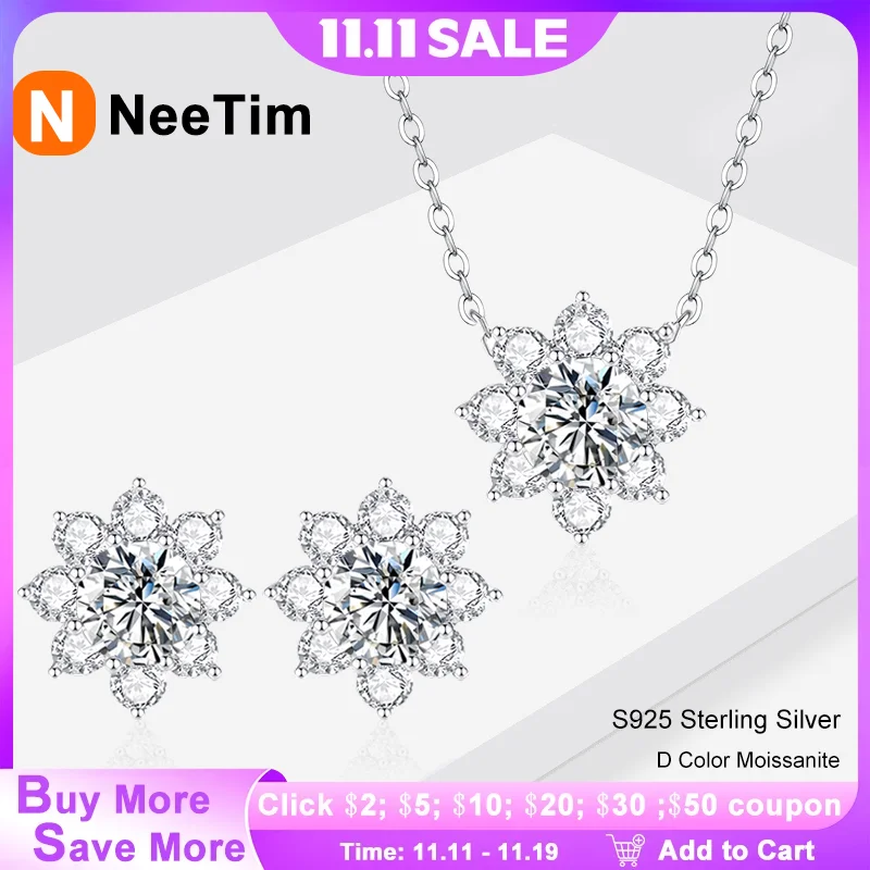 

NeeTim 0,5 карата 1 карат D VVS1 Комплект ювелирных изделий из муассанита из стерлингового серебра 925 пробы с позолоченным 18-каратным цветочным ожерельем и серьгами для женщин