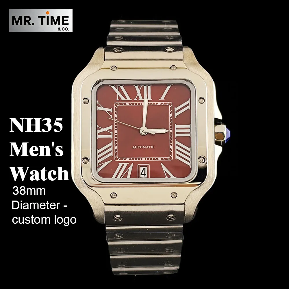 NEW NH35 Watch Wine Red Square Watch Men's High Quality Stainless Steel Watch Custom Logo NH35 Movement Watch Accessories