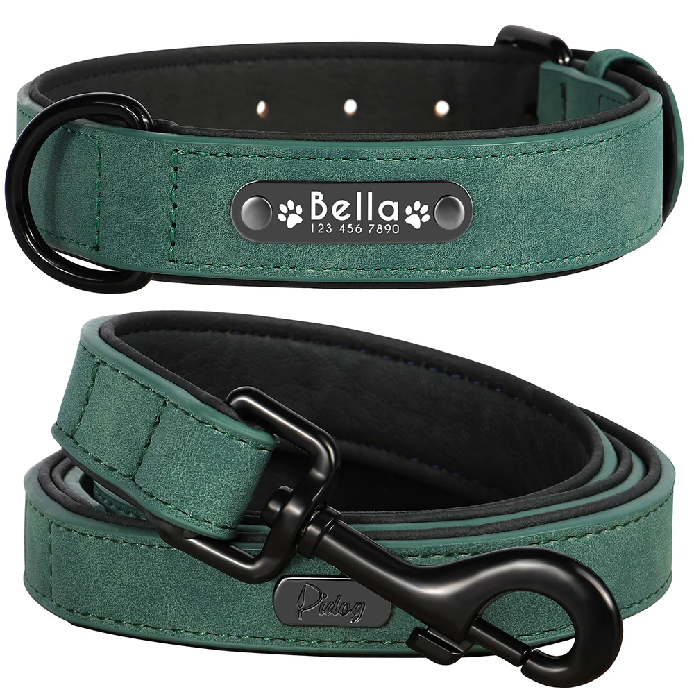 Personalisiertes PU-Leder-Hundehalsband-Leinen-Set, weich gepolsterte Hundehalsbänder, gravierte Haustier-ID-Halskette mit Leine für kleine große Hunde, Mops – Detail 8