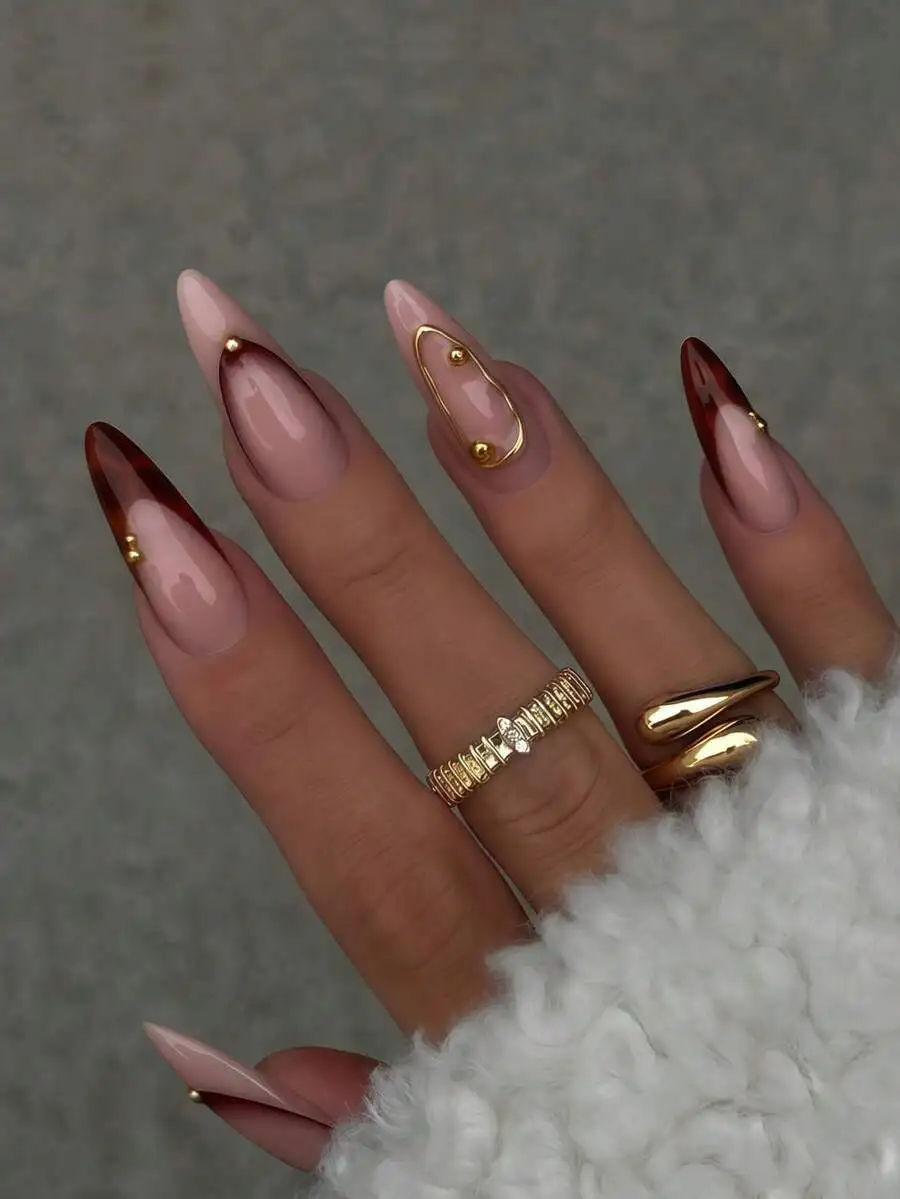 

French leopard acrylic nail art set 24 pcs pointed press-on stickers in pink brown 3D false nails with gold beads for salons dai
