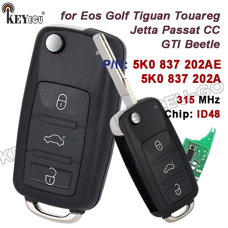 

Чип KEYECU 315 МГц ID48 NBG010180T 5K0 837 202A/5K0 837 202AE для Volkswagen Golf GTI Jetta Touareg Passat Flip Remote Key Fob