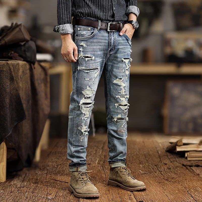 

JX NS129 broken hole jeans men's American gangster handsome Slim small leg trousers do old casual trousers only high quality