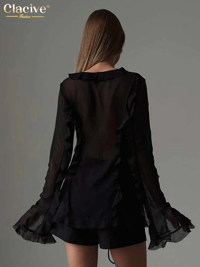 Clacive Fashion Loose Black Women's Shirt 2025 Sexy V-Neck Long Sleeve Shirts Elegant Classic Ruffle Lace-Up Top Female Clothing