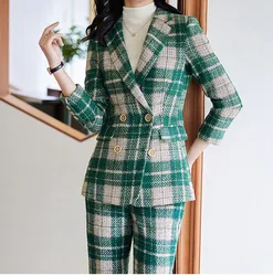 Tesco Elegant Green Plaid Women Suit Notch Lapels Blazer And Pencil Pants Slim Outfits Autumn Warm Female Pant Sets 2 Piece